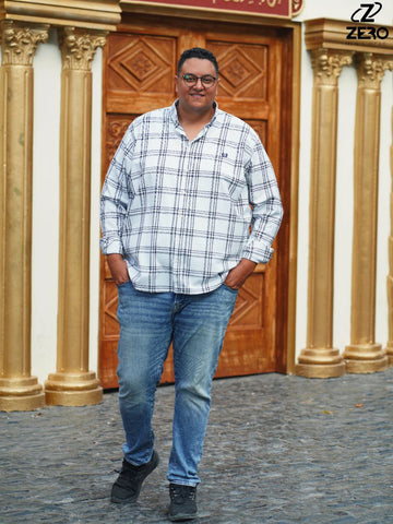 قميص كاروه قطن - ابيض