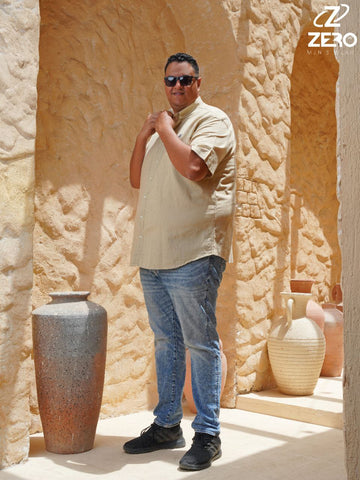 قميص كتان نص كم - بيج