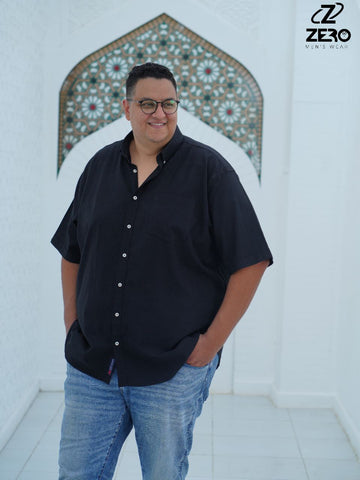 قميص اكسفورد نص كم قطن (بجيب) - أسود