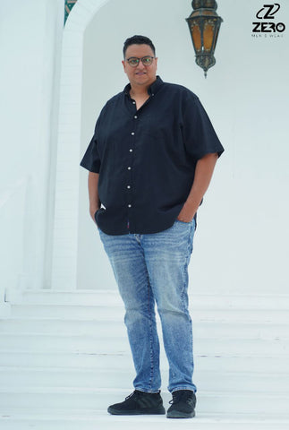 قميص اكسفورد نص كم قطن (بجيب) - أسود