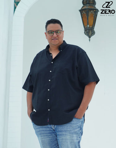 قميص اكسفورد نص كم قطن (بجيب) - أسود