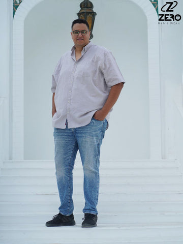 قميص اكسفورد نص كم  قطن (بجيب) - بيج